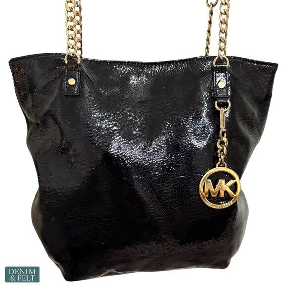Michael Kors Black Patent Leather Tote Bag Gold Chain Shoulder Straps Large - Picture 2 of 13
